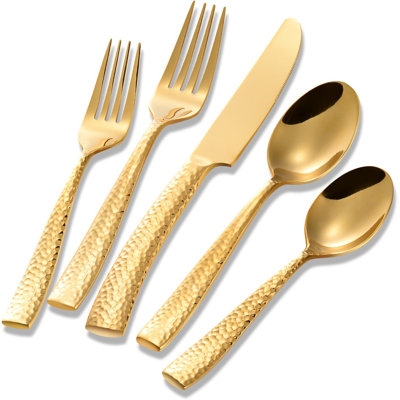 20-Piece Hammered Gold Flatware Set Stainless Steel Mirror Polished Cutlery Utensil Service For 4 With Spoons Forks Knives Dishwasher Safe