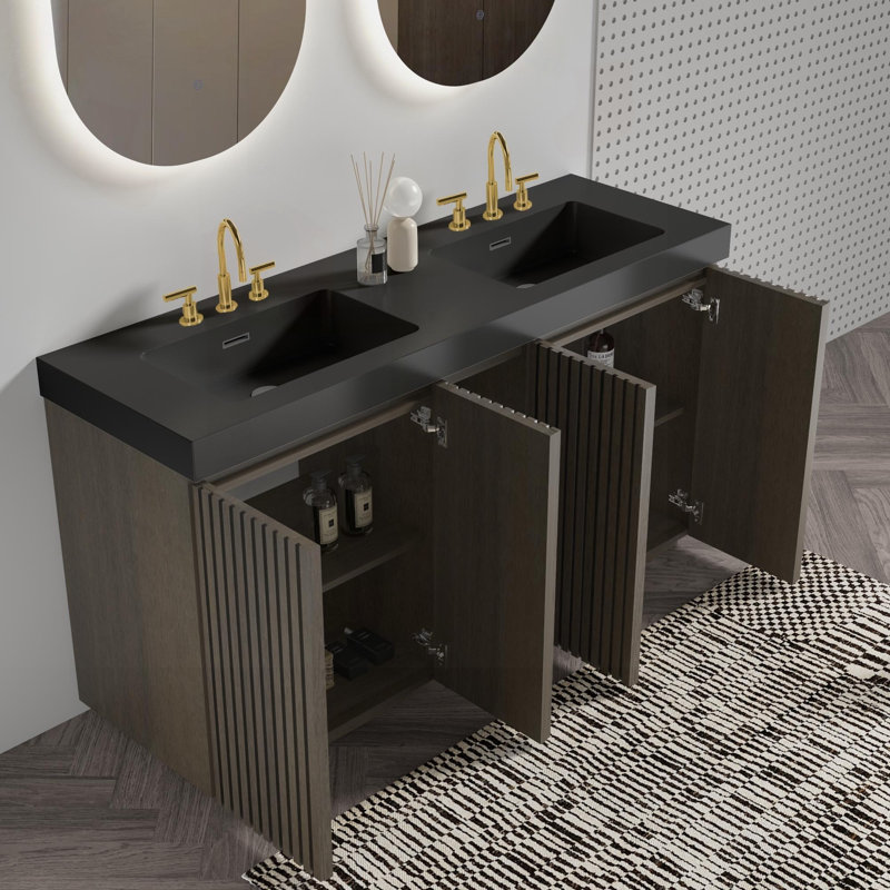 Meuble-lavabo 60 po en chêne fumé avec lavabo et rangement intelligent, Smoked Oak, Black