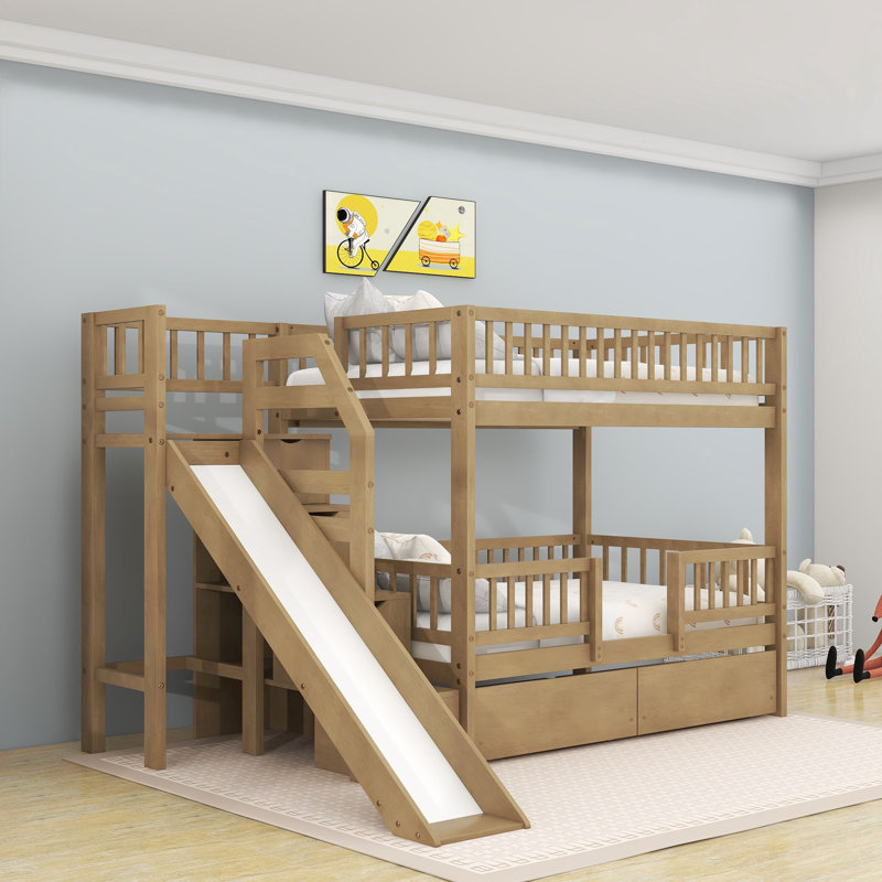 Twin Over Twin Bunk Bed With Slide And Storage Staircase, Walnut