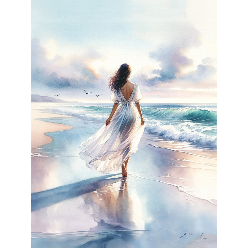 " Seashore Serenity: Sunset Beach Stroll " Watercolor Print, 24" H x 16" W x 1.5" D