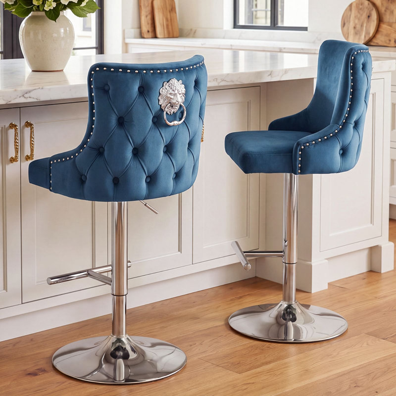 Glazer Swivel Upholstered Adjustable Height Bar Stool with Iron Frame, Blue / White / Grey