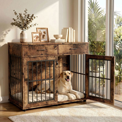 43.3 Inch Wooden Dog Crate Furniture With 3 Doors And 2 Drawers, Dog Kennel for Large Dogs