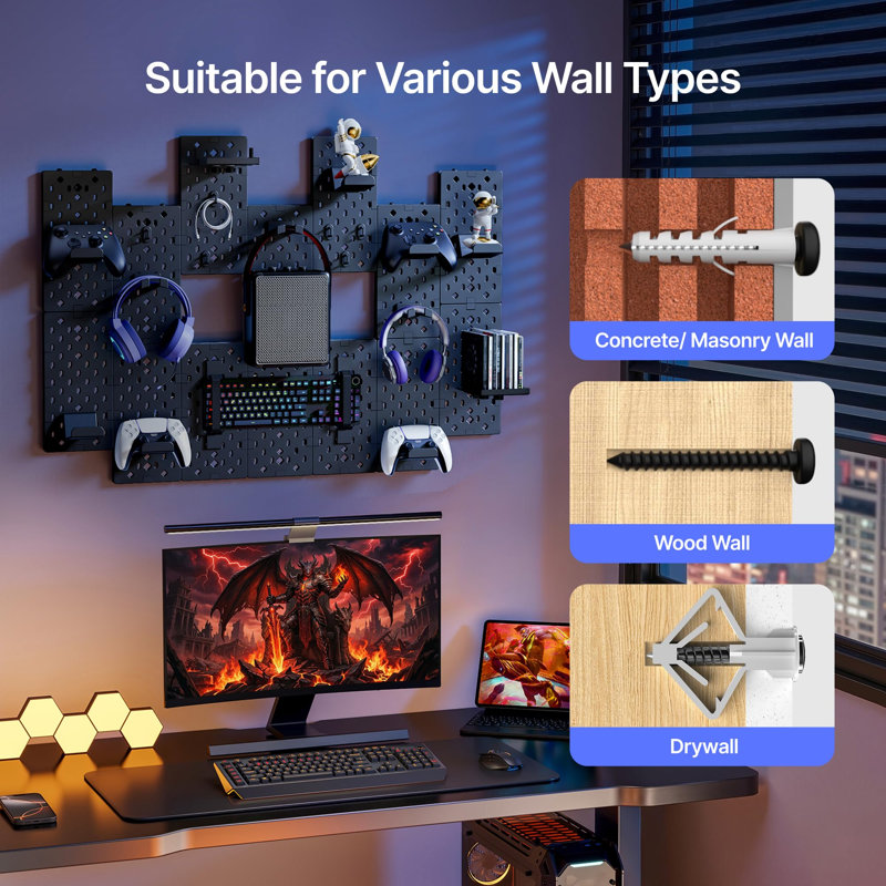 Support mural pour contrôleur et casque d'écoute, panneau de jeu modulaire avec accessoires, panneau perforé 14 pièces, noir