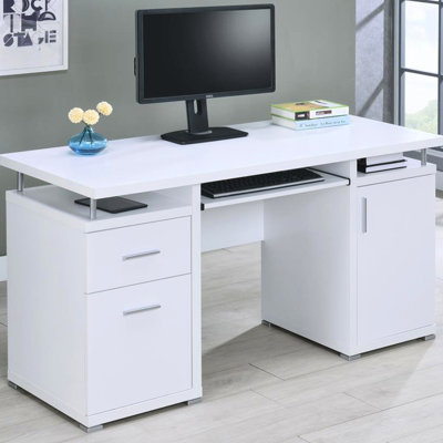 Bureau de 55 pouces en blanc, 2 tiroirs, décor en métal argenté et bureau fonctionnel blanc, détails, fabrication