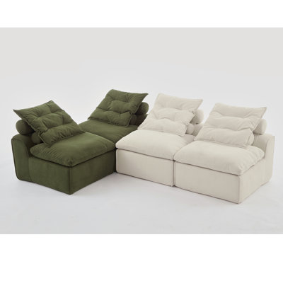 [NEW ARRIVED] 99 Inch Armless Four Seat Modular Sectional Sofa, Free DIY Layout, Polyester Upholstered Lounge Sofa With Support Pillows, Beige And Green