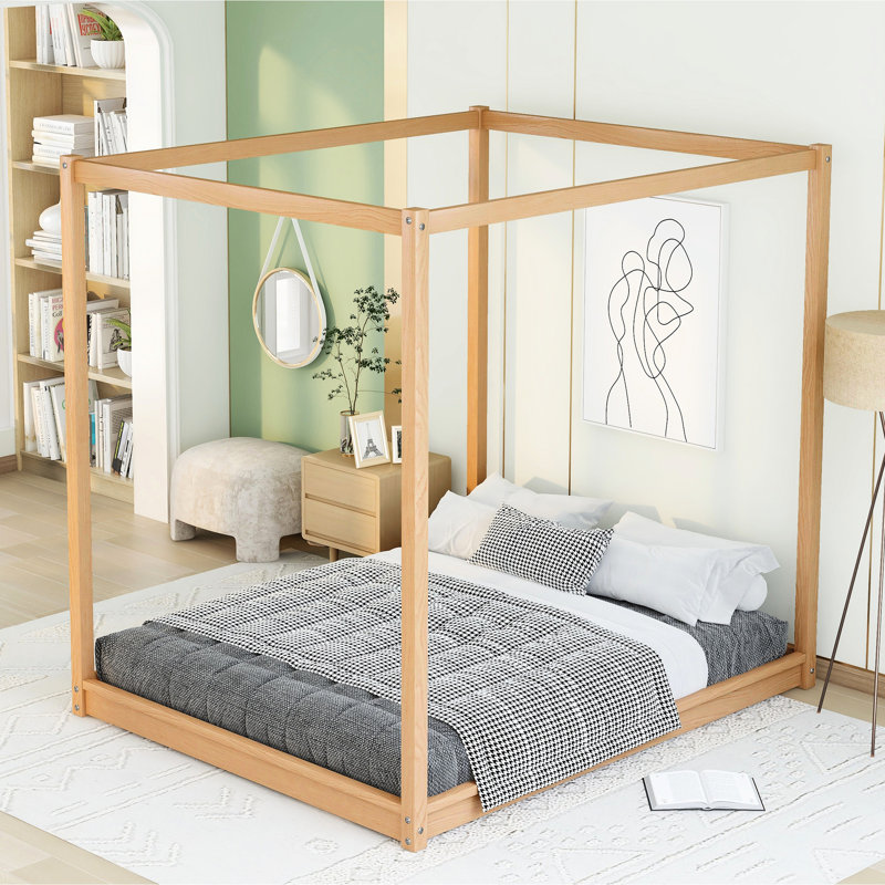 Grand lit à baldaquin naturel avec pieds de soutien - structure en bois de pin stable, configuration de matelas frais, baldaquin élégant, plateforme avec effet de refroidissement sous le lit, look de chambre à coucher moderne, air personnalisé