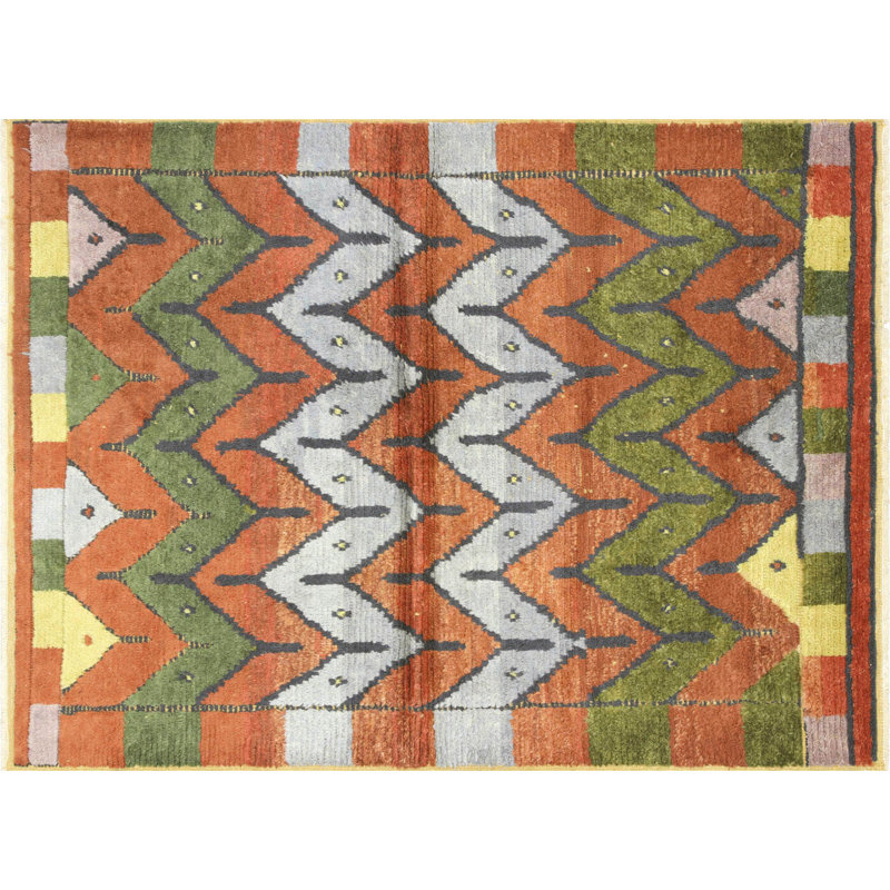 Tapis orange / vert en laine noué à la main de conception unique 4 pi 10 po x 6 pi 6 po années 1960