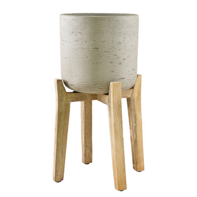  Minimalist Cement Planter With Wooden Legs – Sleek Planter For Succulents, Cacti, Indoor Greenery, Versatile, Durable Plant Pot For Home Or Office, 11.5" Diameter & 20.5" Tall