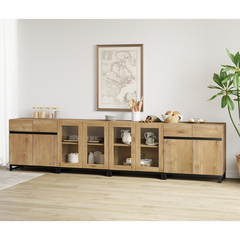 Modern Sideboard With Adjustable Shelves, 4 In 1 Storage Cabinet With Glass Doors, Coffee Bar Cabinet, Oak