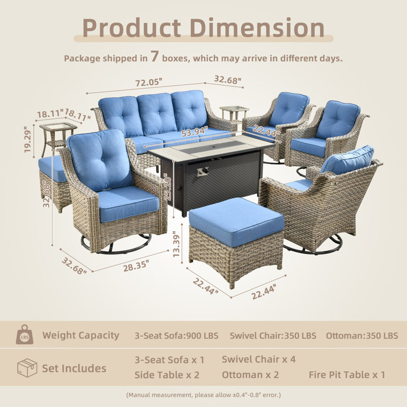 10 Pieces Patio Furniture Set With 53" Fire Pit Table, Outdoor Wicker Swivel Rocking Chairs With Comfy Cushions, All-weather High Back Sofa Couch Set For Backyard Or Lawn