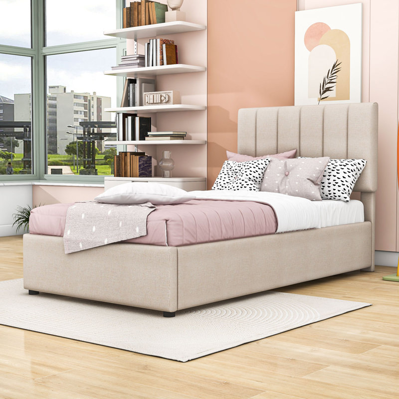 Lit plateforme simple tapissier hydraulique avec rangement en lin, Beige