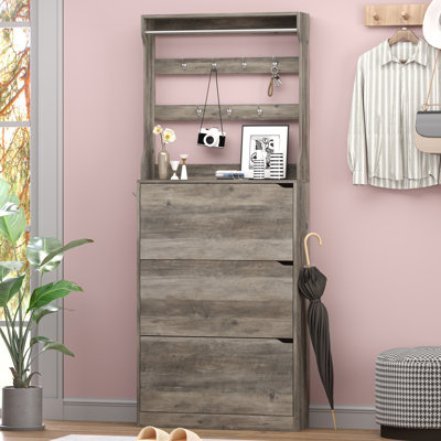24 Pair Shoe Storage Cabinet 3 Flip Drawers, Adjustable Shelves & 9 Hooks - Space-Saving Entryway Organizer