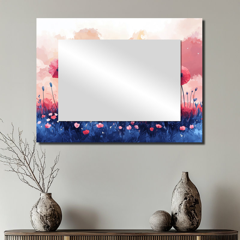 Coastal Poppies On Pink Sunset - Miroir mural décoratif floral - imprimé sur métal, 24 po x 32 po