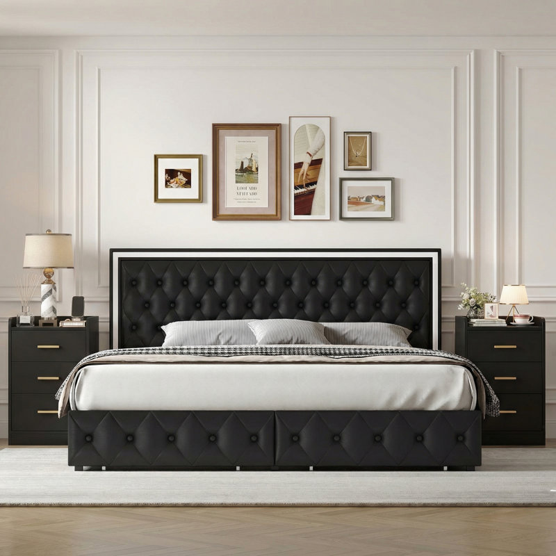 Ensemble de chambre à coucher 3 pièces, lit de rangement à DEL 4 tiroirs + 2 tables de chevet avec 3 tiroirs chacune et port USB + prise intégrée