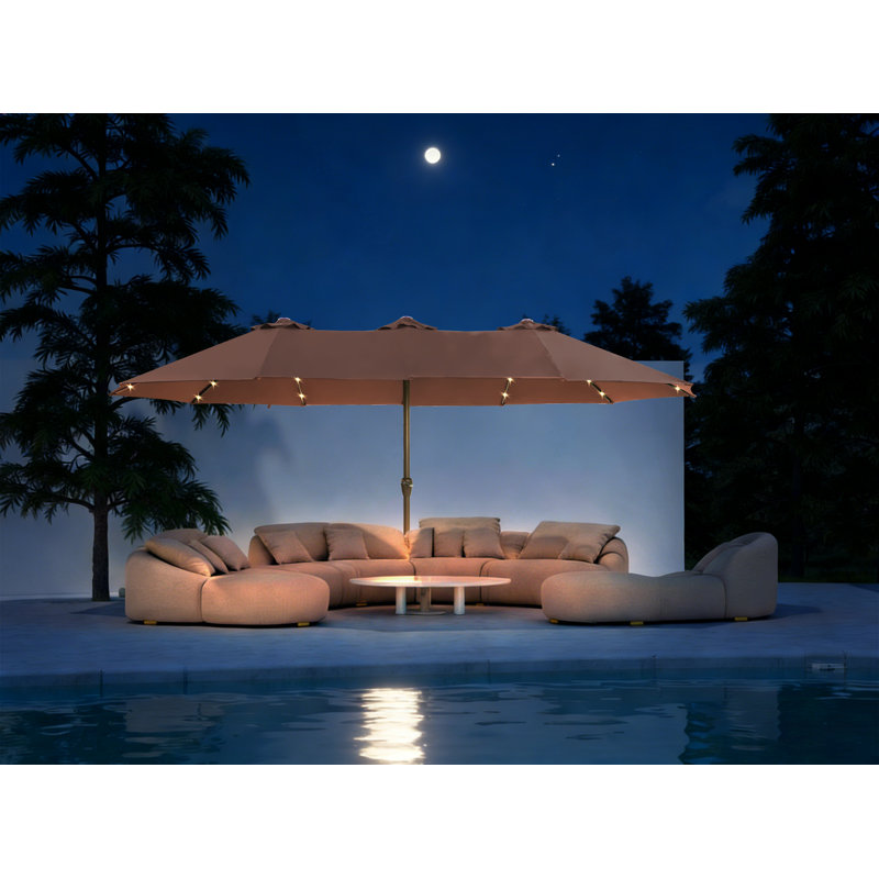 Grand parasol de patio 15 pi avec base et lumières brun, Brun