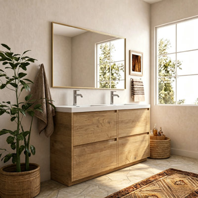  Meuble-lavabo autoportant 60 po en chêne naturel 60 po avec plateau en pierre blanche et 4 tiroirs pour salle de bain moderne
