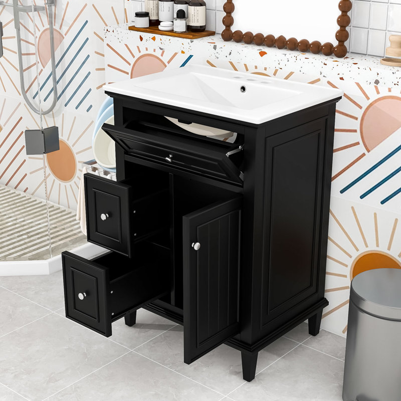 Meuble-lavabo moderne avec lavabo lisse, trop-plein et beaucoup de rangement, Noir