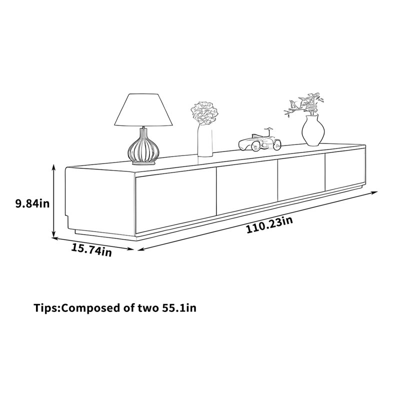 Meuble télé multi-tiroirs avec base pleine, H 9,84 po x L 110,23 po x l 15,74 po, Noir / brun clair