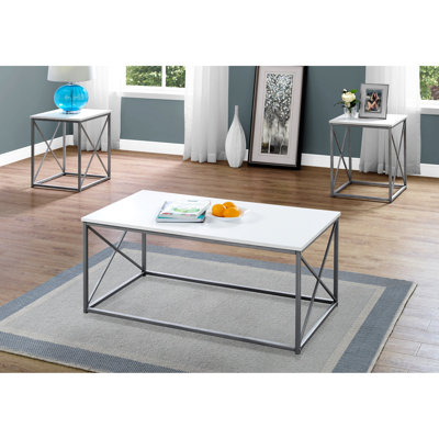 Living Room 3 Table Ensemble: Coffee, End & Side Tables. White Laminate, Grey Metal. Contemporary Flair. Metal Construction. Ample Surface. 42.7X22x18.52 18X18x22 Inches - White, Build