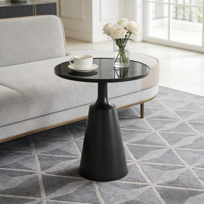 Table de bout à piédestal en fer ou en marbre Orvella, Surface en verre noir