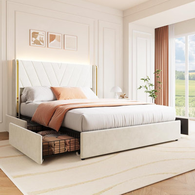 Full Upholstered Velvet Bed Frame with Wingback Headboard, LED Lights, and 4 Storage Drawers – Full Size Platform Bed, No Box Spring Needed