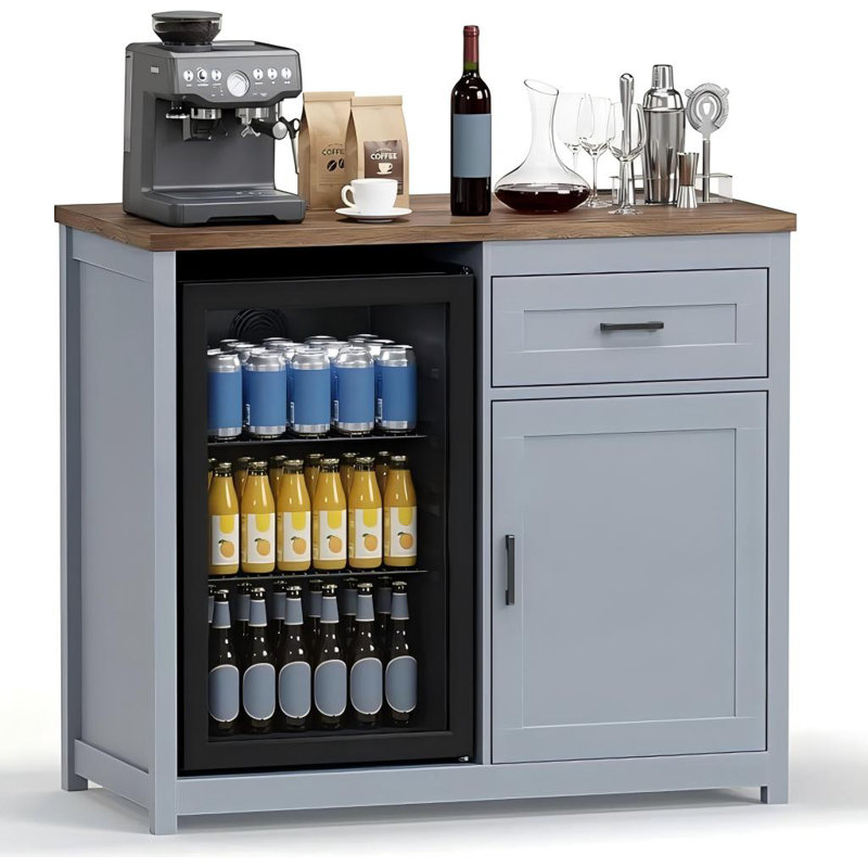 Îlot de cuisine de 41,7 po avec mini-réfrigérateur et armoire à café avec prise de courant intégrée, L 41,7 po, Bleu