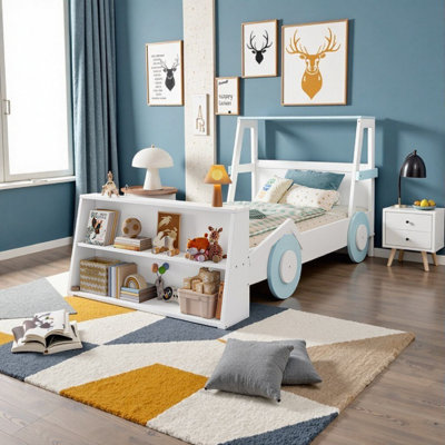 Lit voiture simple avec tablettes de rangement - Lit plateforme pour enfants amusant en bleu et blanc