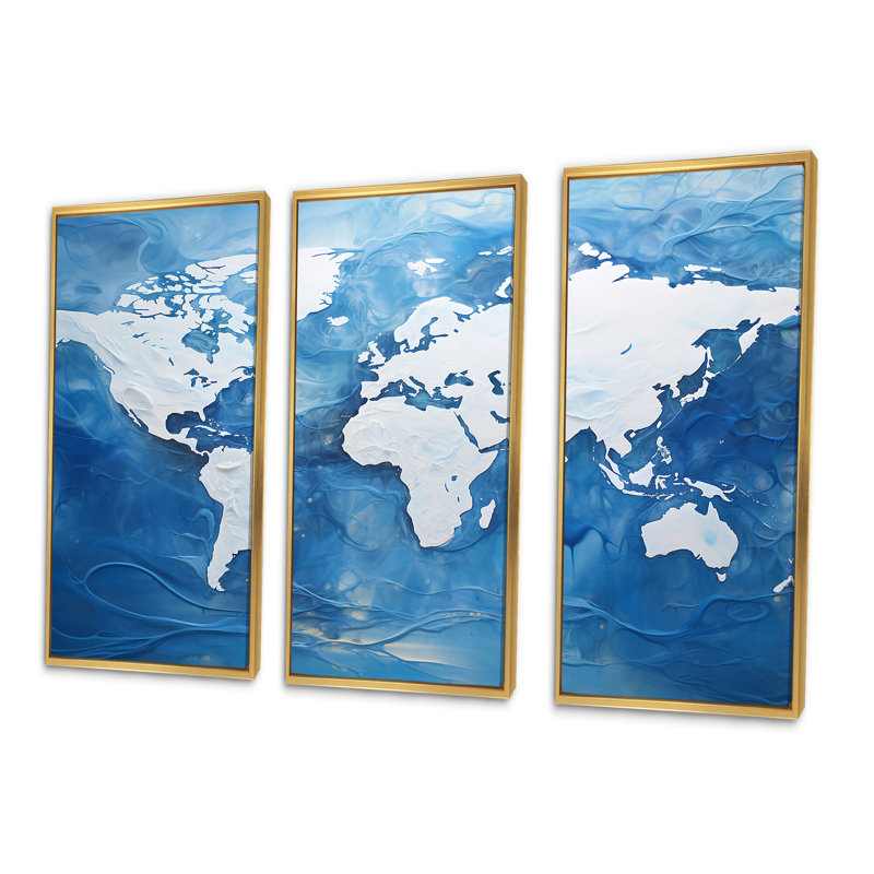 «Majestic Meridians Blue World Map I», ensemble d'art mural sur toile carte du monde, Cadre flottant doré