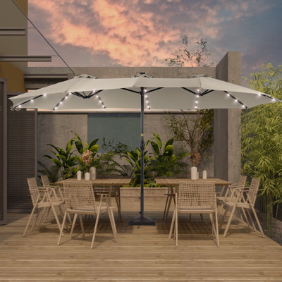 Parasol de marché extérieur à double face à DEL 15 pi x 9 pi avec lumières solaires et parasol de table toutes saisons pour terrasse