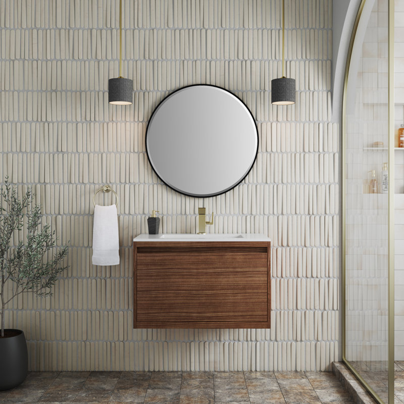 Mantova 31.5'' W Single Vanity, Charcoal Black, Mid Century Walnut/Champagne Brass