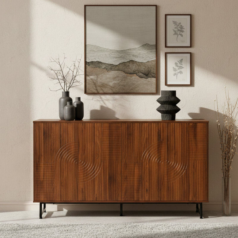 Aukfa 59" Mid-Century Modern Storage Cabinet, Wood Sideboard with Geometric Doors, Metal Legs for Living Room/ Entryway,Walnut
