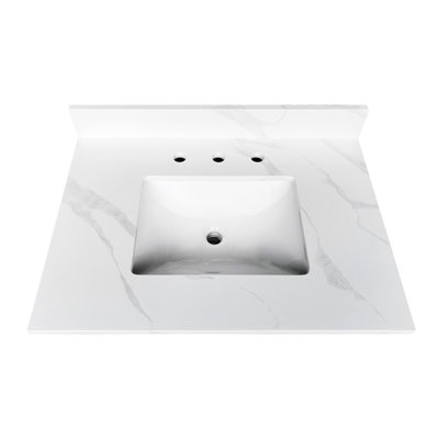 Comptoir de salle de bain en quartz 31 po avec lavabo central encastré simple, 4 dosserets hauts, 3 trous de robinet pré-percés, teinture, style moderne pour meuble-lavabo blanc, bol, chaleur idéale