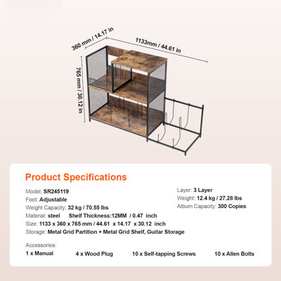 3-Tier Record Player Stand with Guitar Holder, Turntable Stand with Storage Holds Up to 300 Albums, Vinyl Record Cabinet with Metal Mesh Frame for Living Room, Bedroom, Black