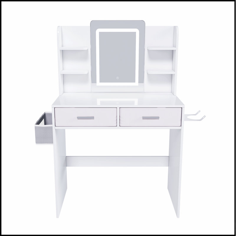 Coiffeuse à miroir à DEL avec lumières réglables 3 couleurs, 2 grands tiroirs, support pour sèche-cheveux et sac de rangement non tissé pour femmes et filles