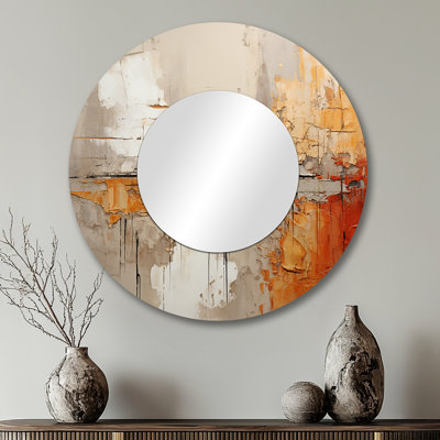Radmen Orange Impressions I - grand miroir à collages abstraits, miroir mural rond rond jaune, reproduction d'art en métal