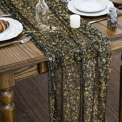 Chemin de table en gaze noire et dorée, 305 cm (120 pouces), ensemble de 10 pouces, avec paillettes métalliques transparentes. Décoration idéale pour un repas, un mariage, un anniversaire, une fête ou un anniversaire à la maison.