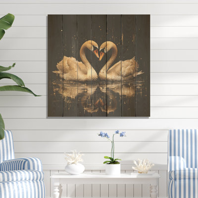 Golden Swans Wandering Pond I - cygne sur bois