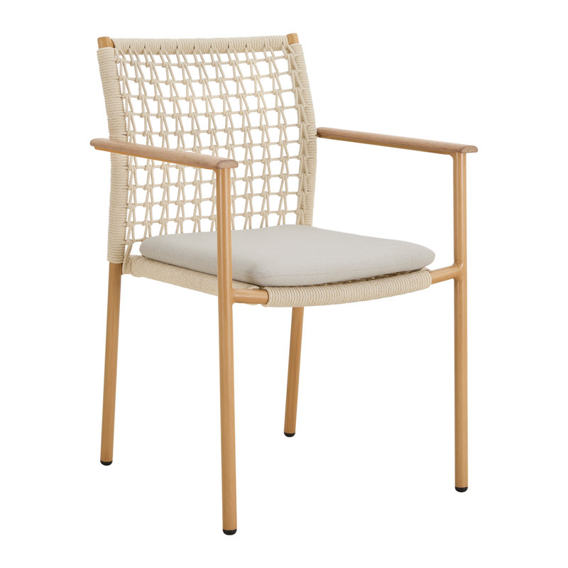 Abela Modern Woven Rope Outdoor Patio Dining Armchair with Cushion (Set of 4), Beige