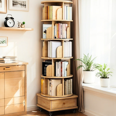 Bibliothèque rotative 360 avec roulettes, tiroir, 6 niveaux, couleur bois, style contemporain pour espace de filage rond pour chambre à coucher, couleur maison