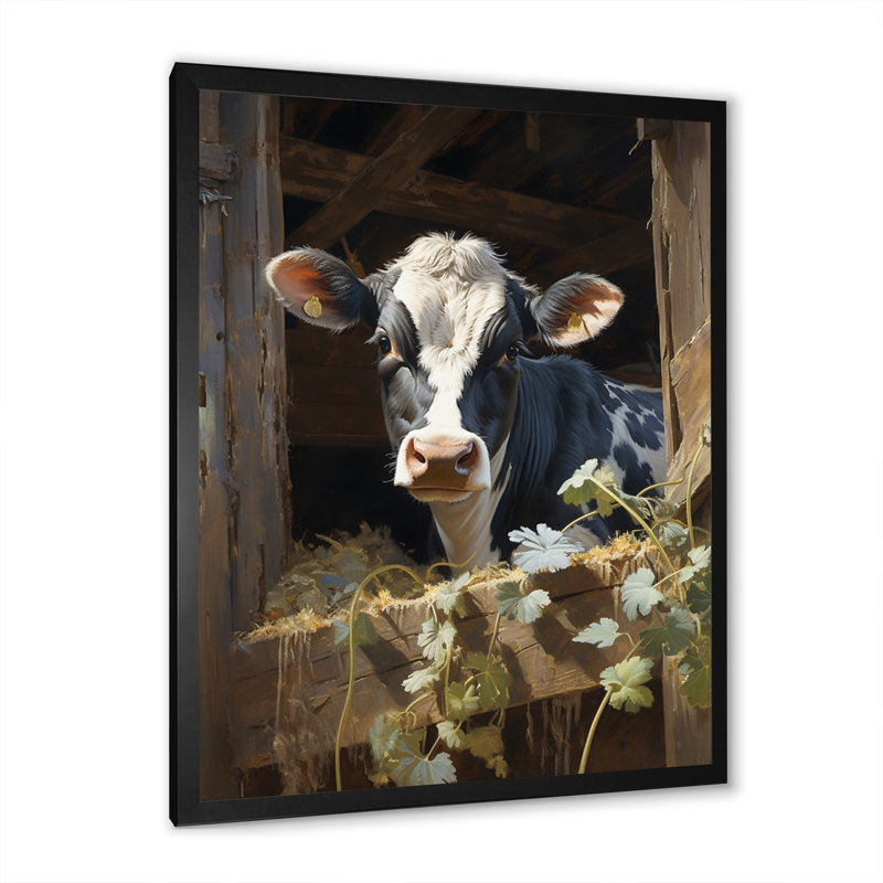 Damalis Cow Rustic Charm I - vache, art mural, Cadre simple noir, H 40 po x l 30 po x P 1,5 po