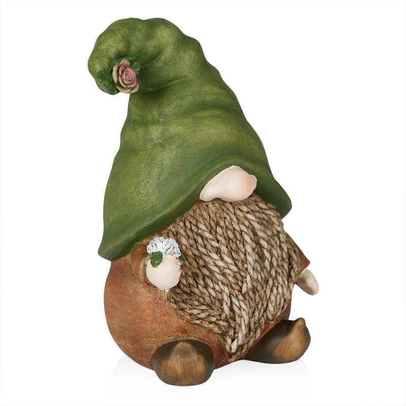 10"H Gnome with Green Hat Holding a Flower for Garden, Patio & Lawn