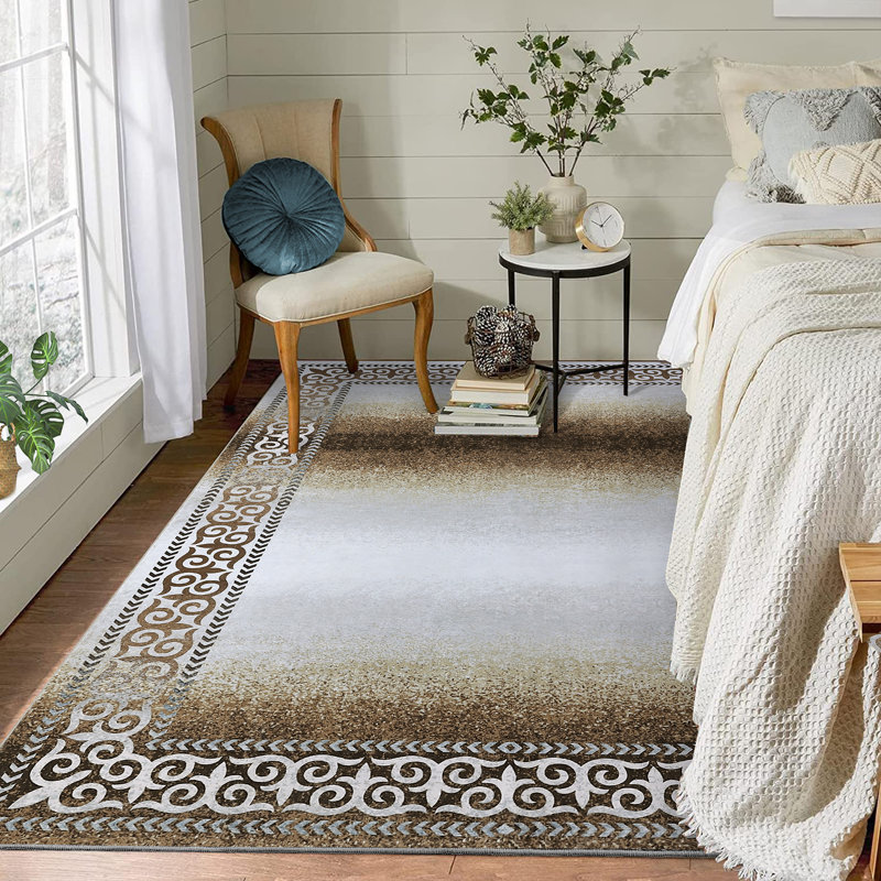 Machine Washable Rugs Bordered Design Modern Non-Slip Low Pile Rubber Backing Ombre Area Rug for Living Room Bedroom Kitchen Dining Room