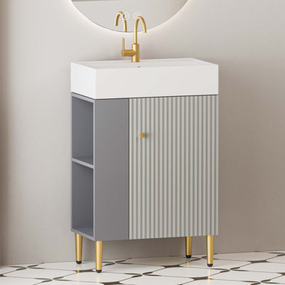 Meuble-lavabo à tablettes ouvertes avec lavabo en céramique et porte à fermeture en douceur, armoire de rangement à tablettes ouvertes sur le côté droit, assemblage requis