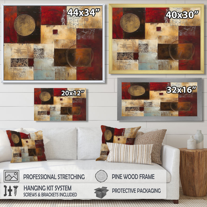 «Golden Moon Cubist Abstract Faded Red», art mural géométrique, Cadre flottant noir, H 34 po x l 44 po