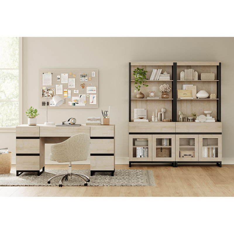  Home Office Furniture Set: 59In Modern Executive Desk With Charging Station & Drawers And Two 72In Tall Bookcases With Storage Cabinet, Home Office Furniture For Living Room