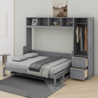 Grand lit escamotable mural avec tiroirs et garde-robe