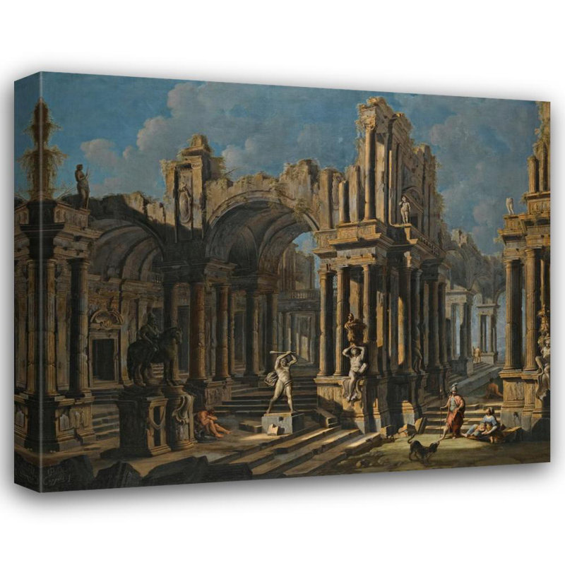 "Un Capriccio architectural avec une statue d'Hercule et des personnages en costume classique" par Pietro Capelli - Art mural sur toile tendue avec châssis