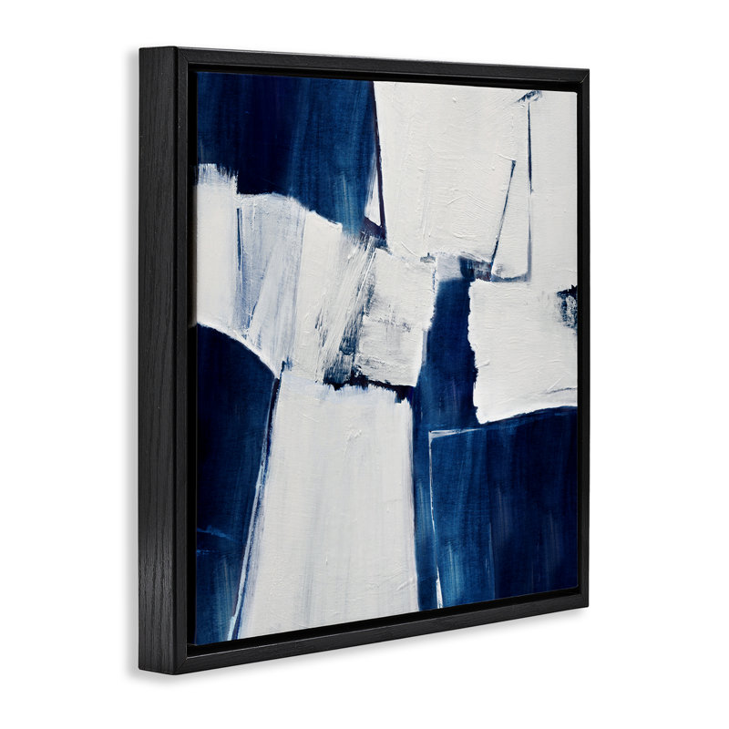 Bleu brossé abstrait brossé, Cadre flottant noir de jais, H 18 po x l 18 po