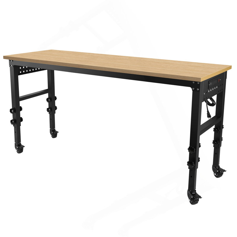 Établi réglable 72 po x 24 po, table de travail robuste roulante avec prise de courant et roulettes, établi en bois d'hévéa à grande capacité de charge pour garage, bureau, atelier, maison, assemblage facile
