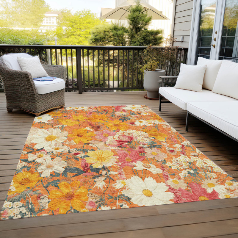 Tapis orange intérieur / extérieur lavable à la machine Claudian ACN1510, Rectangle 10 pi x 14 pi